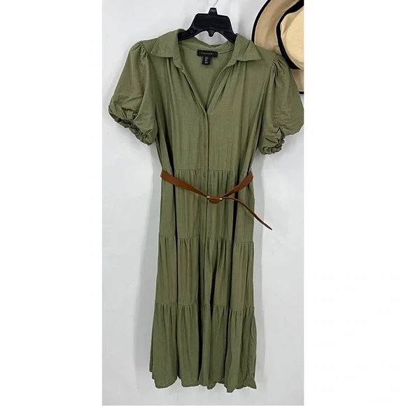 Tahari olive Green Puff Sleeve linen blend button front belted w/pockets  dress M
